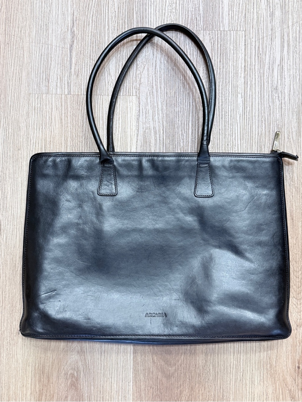 Arcadia Black Leather Tote with Double Top Handles Purse Handbag